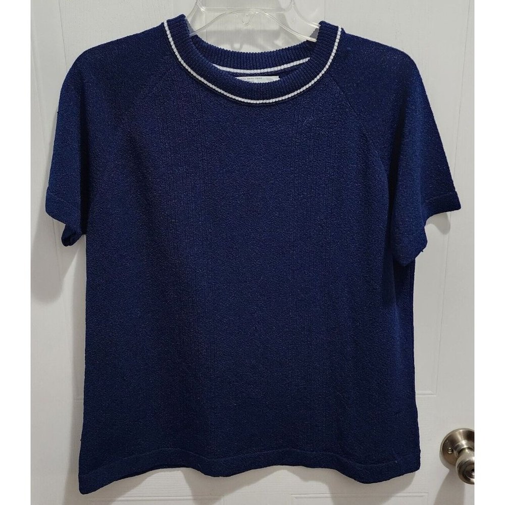 Vtg Talbott Traveler Women's Short Sleeve Pokyester Sweater Blouse Blue Size 42